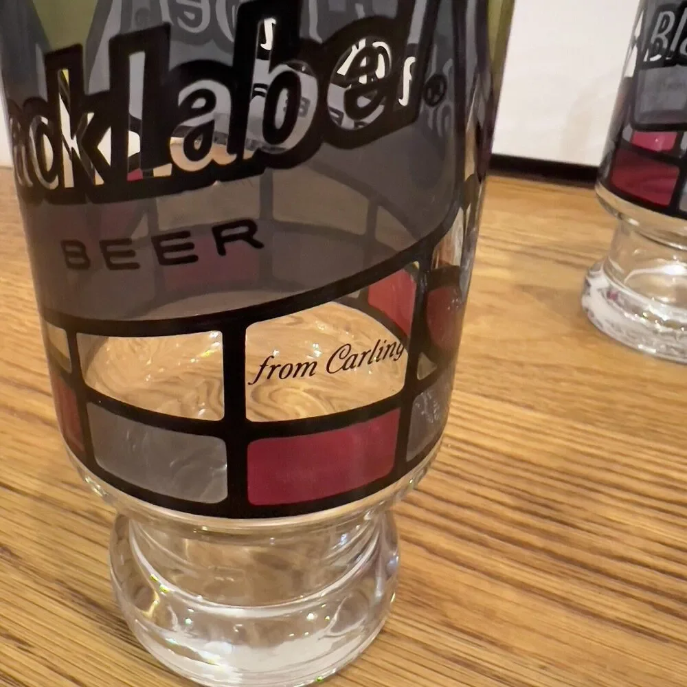 Anchor Hocking Stained Glass Beer Tumbler Black Label‎ Vintage Set Of 4